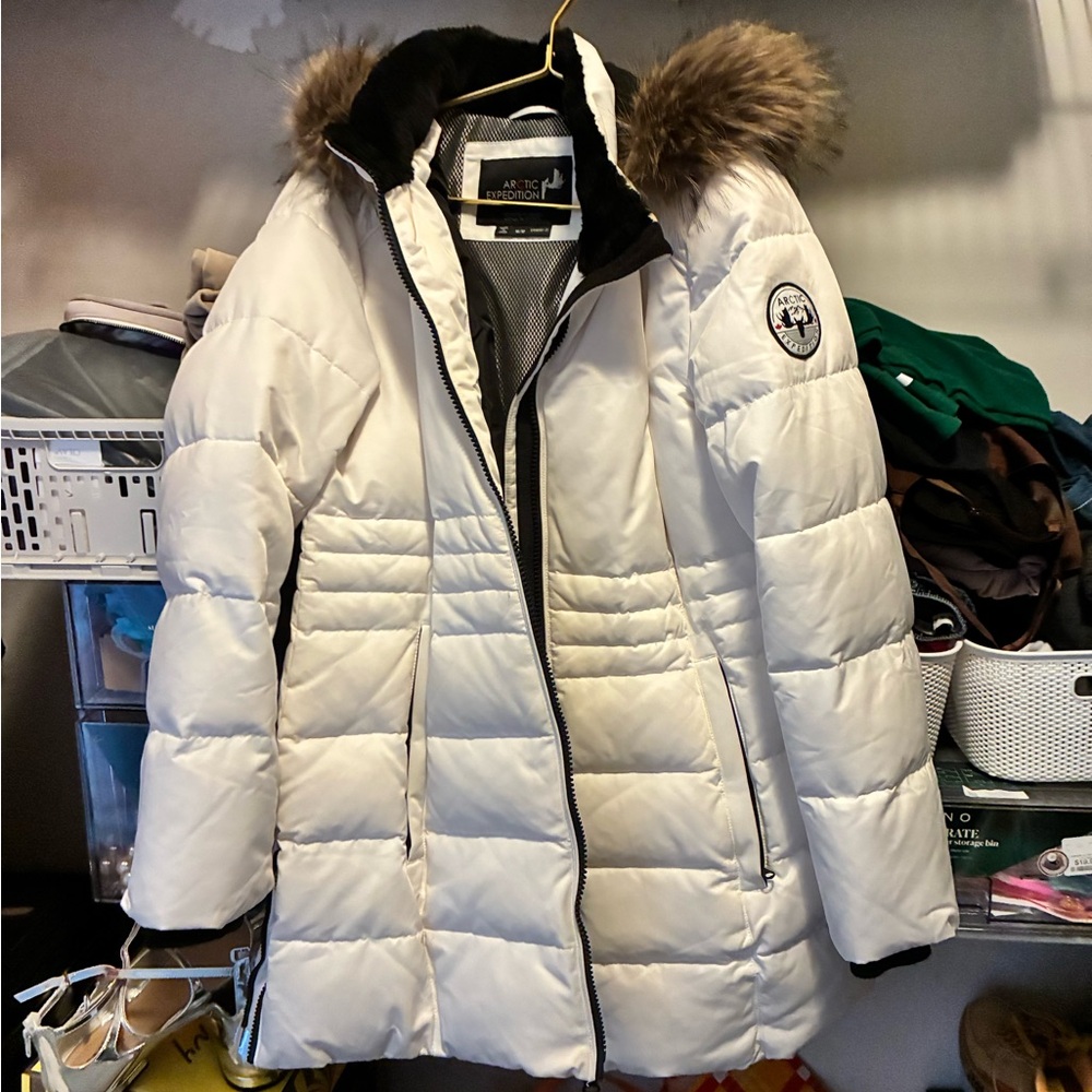 White Puffer Jacket with Fur Hood